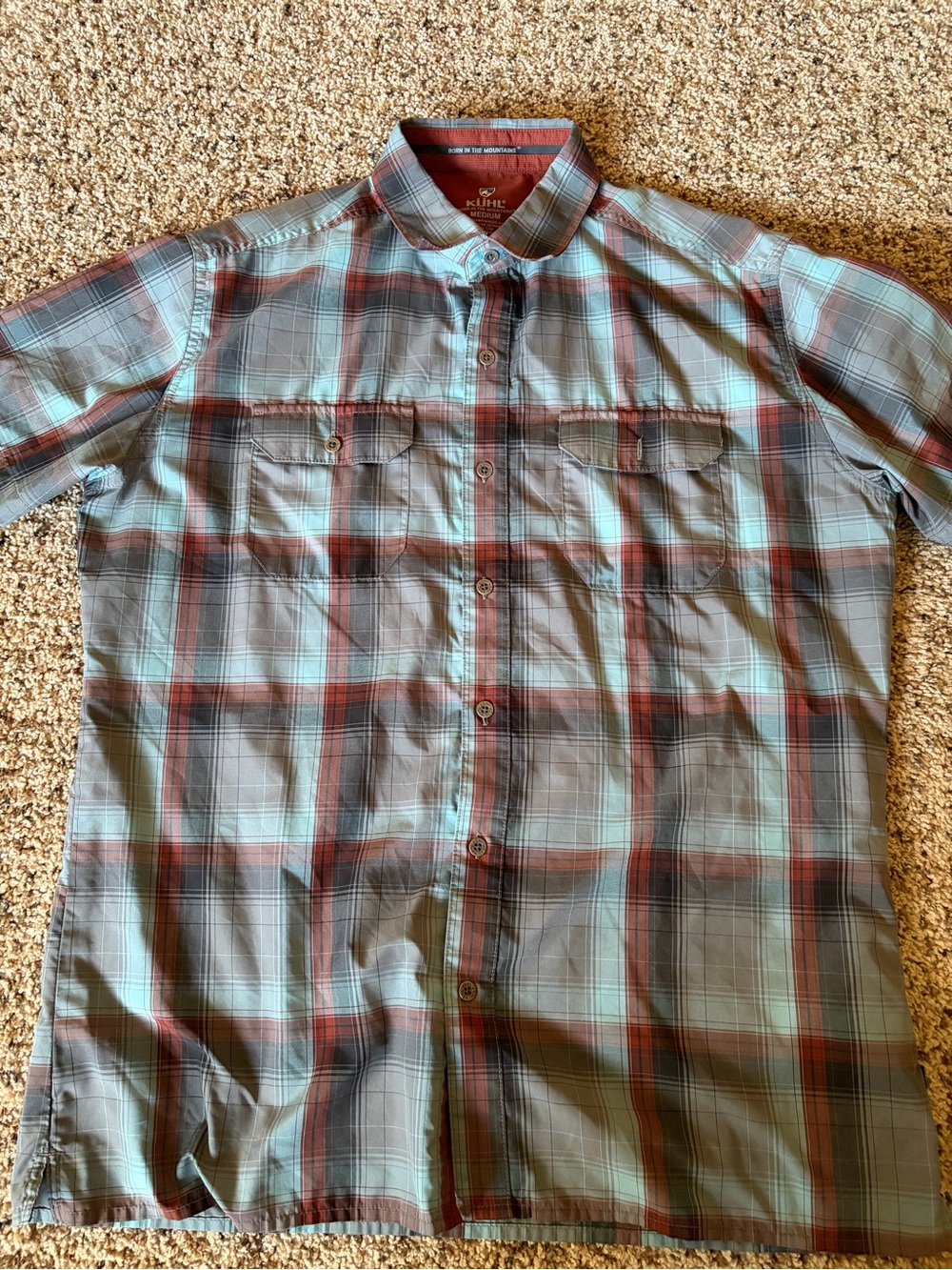 Kuhl Men's Plaid Button-Down Shirt in Teal and Brown